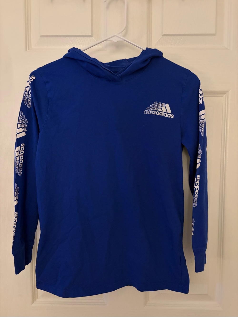 adidas Blue Long Sleeve Hooded Tee with White Logos